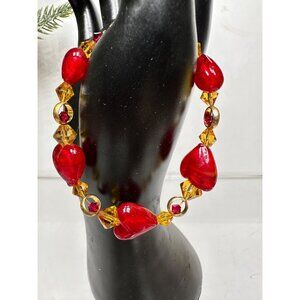 Vintage Red Heart & Amber Beaded Bracelet With Gold-Tone Accents 7 Inches Womens